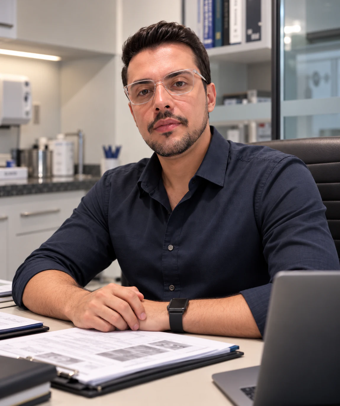 Marcus Quadros em ambiente clínico, diante de prontuários médico-veterinários